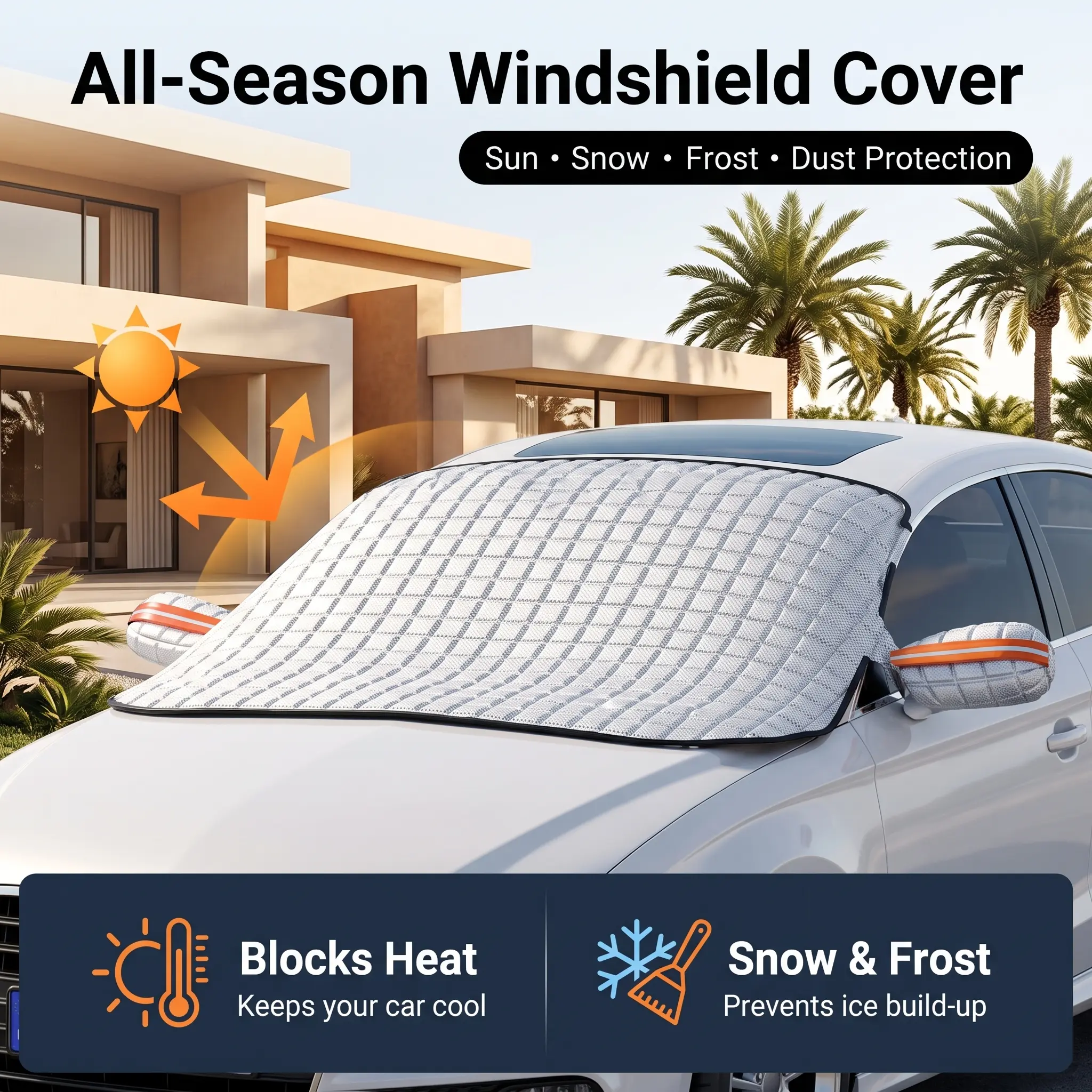 All-Season Car windshield Snow cover & Sunshade,  Dust Rain Ice Frost Guard Protector - Anti-theft & Durable Design, Suitable for Car Winter Protection Snow & Summer Sunshade (64''X48'') - Automobile Accessories!