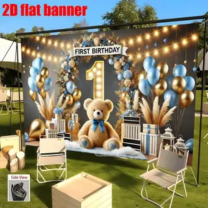 1st Birthday Background Banner, Blue Gold Teddy Bear Decoration, Polyester Material, Large Party Backdrop, Indoor Outdoor Birthday Decor
