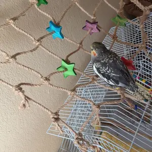 1 PC Bird climbing net, multi-functional durable hemp rope parrot climbing net with colorful five pointed stars and parrot chewing toys, perfect parrot hanging amusement area, suitable for squirrels and honey glider cage accessories, bird toys