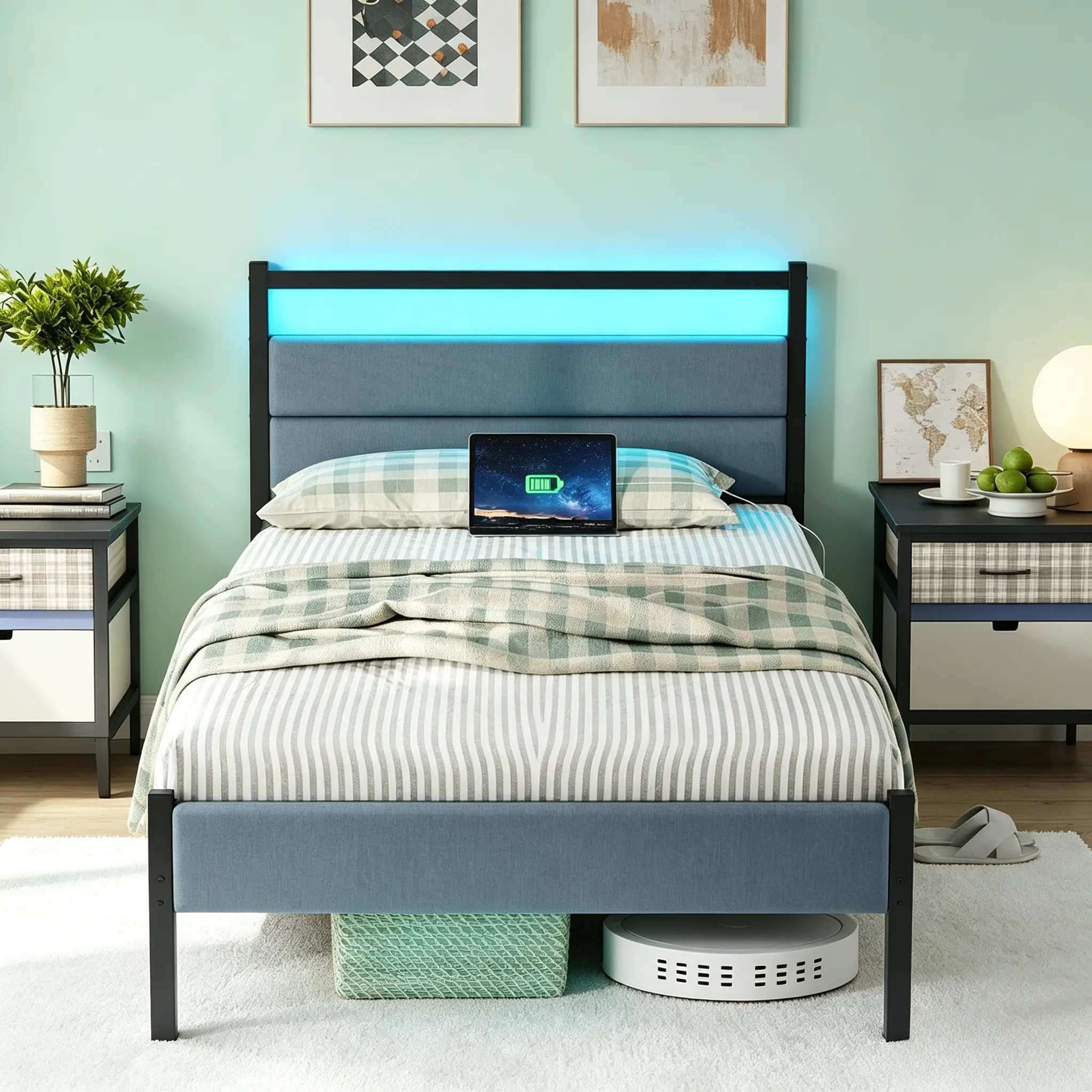 CollaredEagle Modern Upholstered Metal Storage Bed Frame for Modern Bedroom - Hidden Storage Headboard with USB Port Charging Station, LED Lights, Heavy-Duty Slats, Noise-Free, Easy Assembly Required, No Box Spring, Light Up Your Space