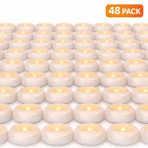 48 Pack 2 Inch Flameless LED Floating Candles, Waterproof Flickering Green Battery Operated Plastic Tealights, 200 Hour Long Lasting for Vase Centerpieces, Wedding, Party, Pool & Holiday Decor