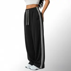 Women's 1-Pack Polyester Striped American Retro Straight-Leg High-Street Drawstring Joggers - Machine Washable Casual Athletic Loose Baggy Skater Streetwear Pants for Spring,Summer, Polyester Pants, Baggy Skater Pants