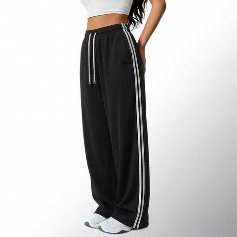 Women's 1-Pack Polyester Striped American Retro Loose-Fitting High-Street Drawstring Straight-Leg Joggers - Machine Washable Casual Athleisure Style Bottoms for Spring,Summer,Comfy Street Style Sweatpants,Women's Track Pants