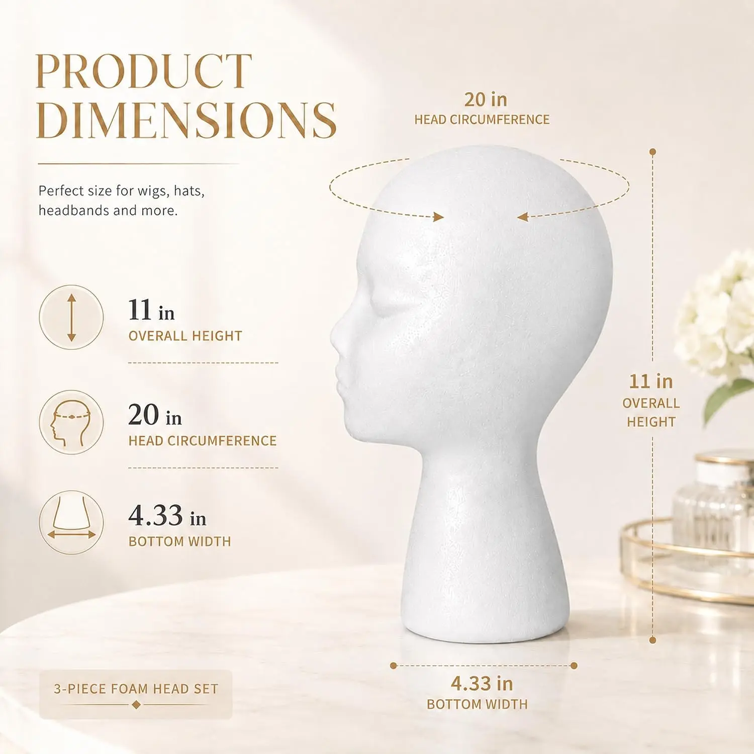 3 Pack Foam Mannequin Head, 20 Inch Wig Head for Wig Making Styling Display, Fits Most Tripod & Clamp Stands