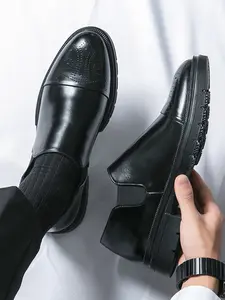 Men's Pointed Toe Low Heel Brogue Pu Leather Shoes, Business Formal Wedding Dress Shoes, Elegant Carved Design, Comfortable Fit