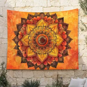 1pc Oversized Bohemian Mandala Tapestry - Vibrant Orange & Yellow Printed Design, Suede Fabric Wall Hanging for Living Room, Hotel Decor, Holiday Gift, Party & Live Stream Background with Installation Bag, Live Stream Decor |       Soft Texture Cloth, Roo