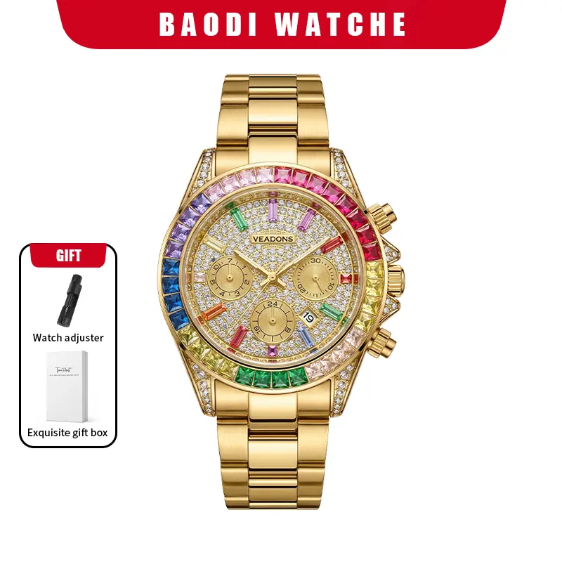 Men's Iced Out Business Fashion Rhinestone Decorated AnalogQuartz Watch Rainbow Crystal ChronographQuartz Movement Luminous Date WaterResistant Stainless Steel Gift For Him for Wedding Party & Everyday Wear Accessories