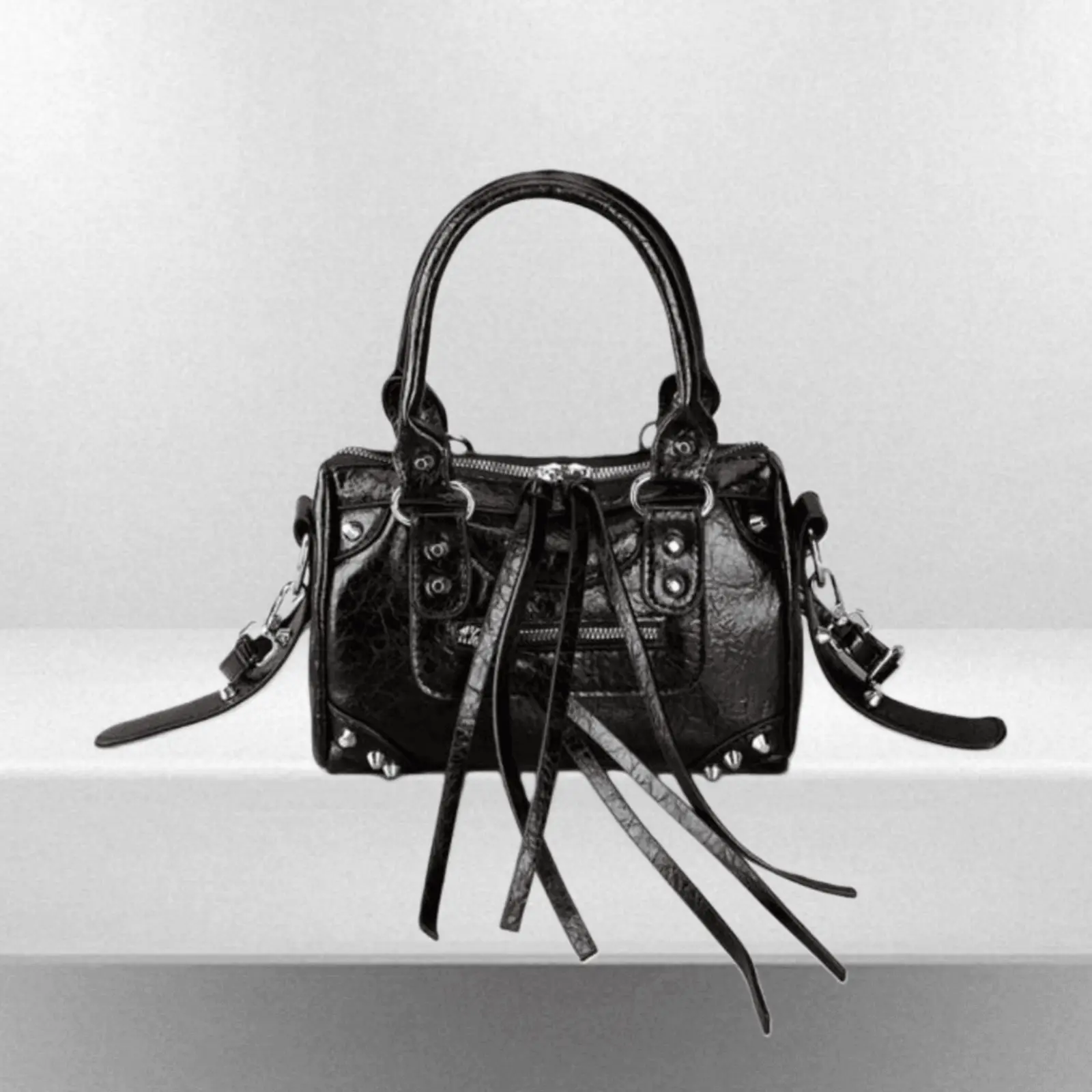 Black Splicing Rivets Inlaid Metal Tassels Zip Decoration Hand Bag Retro PU Material Loop Band Decorative Rivets Inlaid Double Handles Underarm Bag Adjustable Long Shoulder Strap Design Zip Closure Sweet Cool Style Biker Bag Y2K Punk Style Square Bag