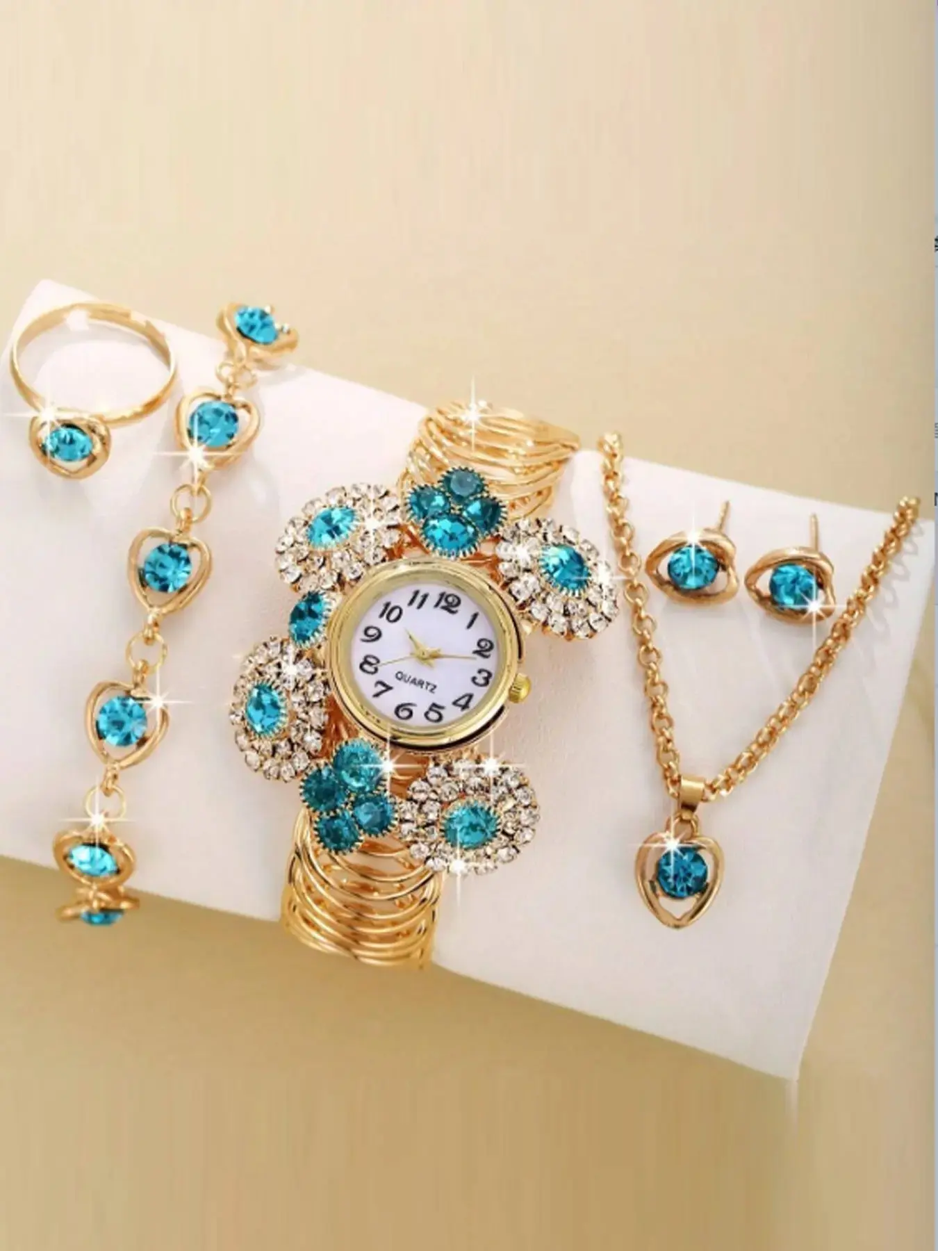 Women's Elegant Fashion Watch & Jewelry Set, Round Dial Analog Quartz Watch & Heart Design Pendant Necklace & Ring & Stud Earrings & Bracelet, Exquisite Watch Set, Jewelry Gift Set, Accessory Set
