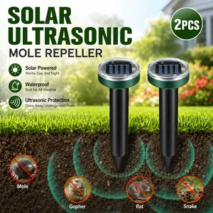 2 Pack Solar Ultrasonic Mole Repellent Stake Outdoor Waterproof Round Style, Solar Powered Gopher Vole Rodent Snake Deterrent Spike with Sonic Vibration for Lawn, Garden, Yard, Farm, Orchard, Patio, Groundhog Chipmunk Control and Outdoor Pest Care
