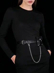 Punk Gothic Chain Belt Set, Leather Adjustable Waistband, Mini Storage Bag, Street Style Fashion Accessory for Men and Women, Adjustable Strap Belt, Gothic Buckle