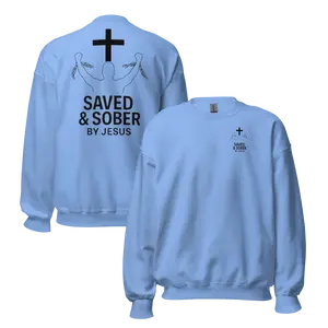 Saved & Sober Outline Sweatshirt Christian Faith Crewneck Front & Back Design Unisex Long Sleeve Medium Length Autumn Casual Classic Knit Sweatshirt