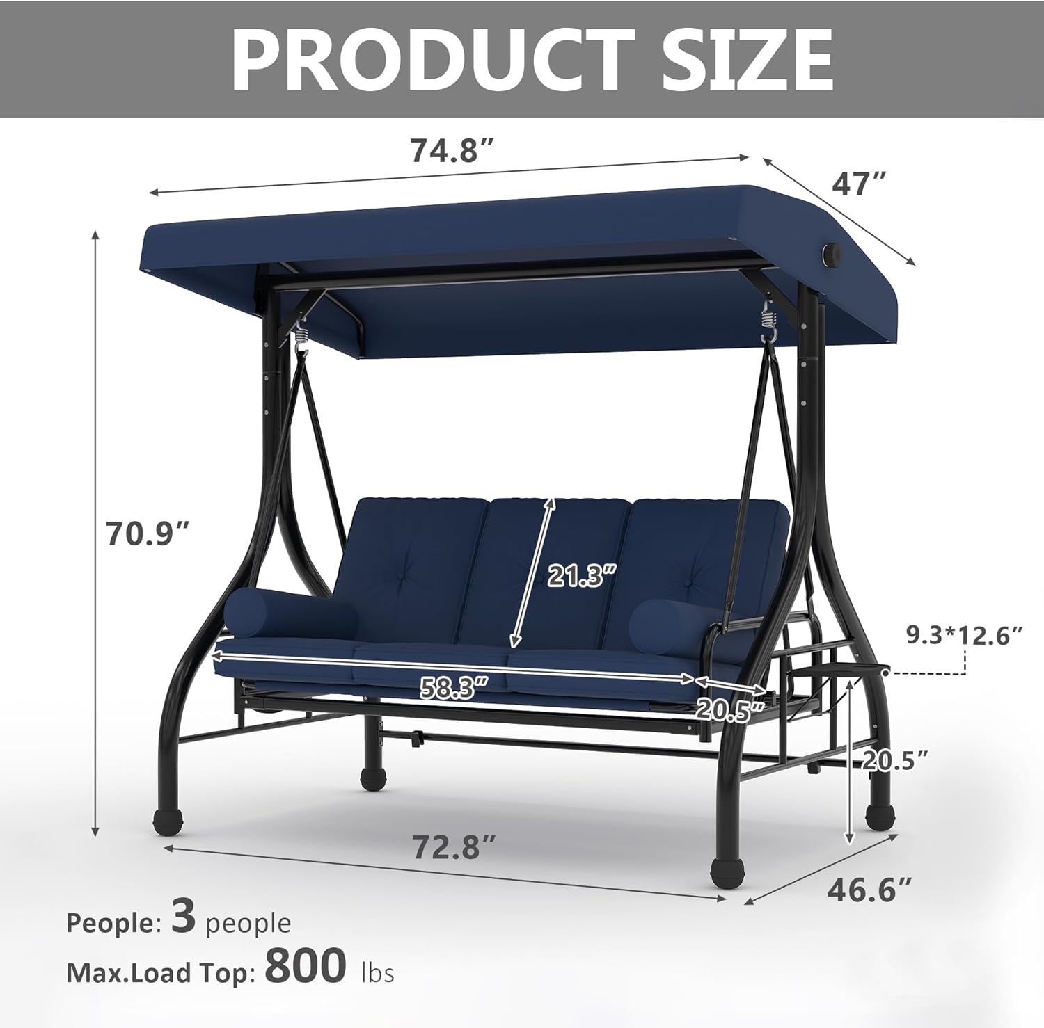 Outdoor Porch Swing with Adjustable Canopy, 3-Seat Patio Swing Chair with Stand, 800LBS Heavy Duty Outdoor Swing for Adults with Cup Holder Tray, Cushion & Pillows, Patio Swings with Canopy for Garden Outdoor Porch Swing with Adjustable Canopy, 3-Seat Patio Swing Chair with Stand, 800LBS Heavy Duty Outdoor Swing for Adults with Cup Holder Tray, Cushion & Pillows, Patio Swings with Canopy for Garden