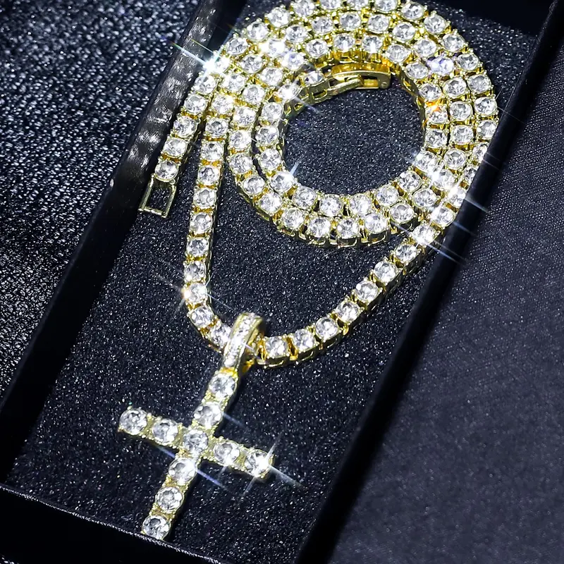 Rhinestone Decorated Tennis Chain, Cuban Link Chain & Pendant Necklace, Iced Out Cross, Fashion Jewelry for Party, Daily Clothing Decor, Trendy All-match & Exquisite Jewelry for Birthday Gift, Rhinestone Decorated Bling