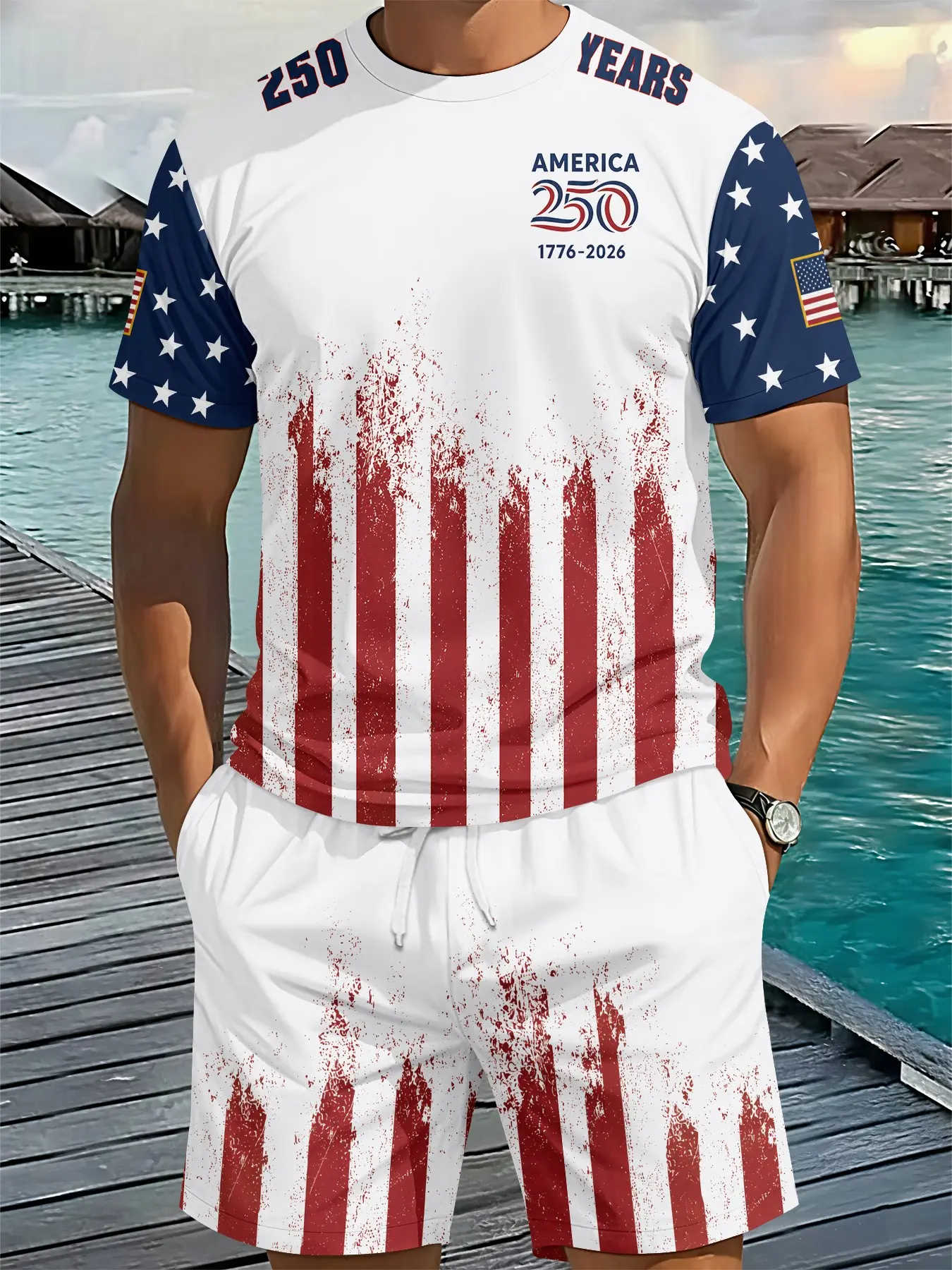 Vintage Star-Spangled Commemoration Set Men's 3D Digital Printed Two-Piece Outfit, 2Pcs, Fashion Trendy Suit, Retro Casual Two-Piece Set, Resort-Style Trendy Wear, Breathable Sports Casual Style, Perfect Festival Gift for Men