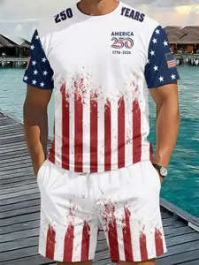 Vintage Star-Spangled Commemoration Set Men's 3D Digital Printed Two-Piece Outfit, 2Pcs, Fashion Trendy Suit, Retro Casual Two-Piece Set, Resort-Style Trendy Wear, Breathable Sports Casual Style, Perfect Festival Gift for Men