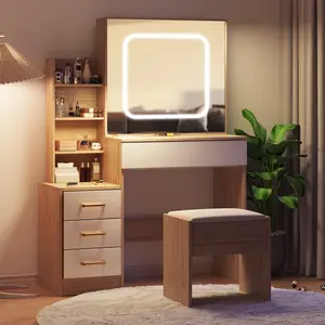 Vanity Desk with Sliding LED Lighted Mirror Makeup Vanity Set with 4 Drawers Cushioned Stool Power Outlet Open Shelves 3 Color Adjustable Lighting Modes Modern Dressing Table for Bedroom