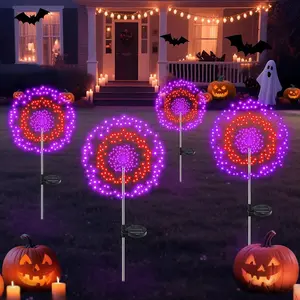 4 Pack Solar Halloween Lights Outdoor, 720 LED Orange & Purple Solar Firework Lights with 8 Lighting Modes, Waterproof Garden Lights for Yard Patio Pathway Spooky Outside Halloween Decorations
