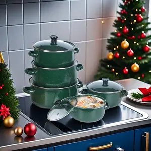 Enamel Pot Set, 5 Counts/set Multifunctional Stockpot with Lid & Handle, Stackable Pots, Ideal Cooking Tool for Home Kitchen Dining Room Barbecue