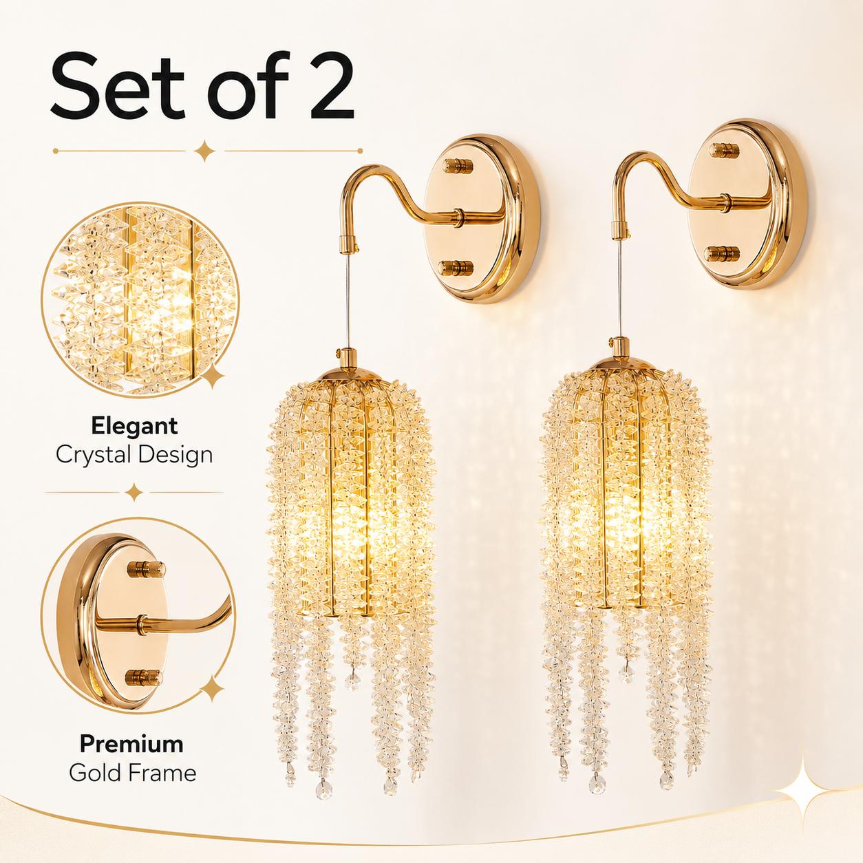 Crystal Wall Sconces Set of 2, with Pendant Crystal Shade, Gold Luxury Raindrop Crystal Hardwired Wall Sconces, Vintage Bedside Sconces Wall Lighting for Living Room Bathroom (Small Beads)