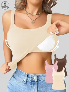 3pcs women high stretch sleeveless basic tank top with lace trim round neck built in lining breathable and comfortable for daily wear