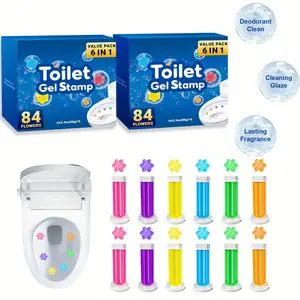 Toilet Gel Stamp 84/168 Flowers (1 or 2 Boxes) - 6 in 1 Self-Cleaning Toilet Gel, 6/12 Tubes + Push Rods, No-Scrub Automatic Toilet Cleaner, Long-Lasting Fragrance (6 Scents)