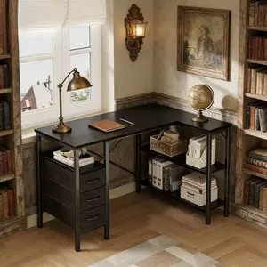 L-Shape White Gaming/Office Desk, 3 Fabric Drawers (22lbs Each) & Charging Station (3 AC+USB+Type-C)