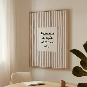 Happiness Printable Hand Drawn Poster: Neutral Striped Homely Wall Art, Loving Quote Family Wall Print, Cozy Home Decor