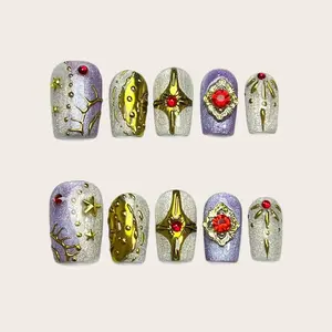 Moonovate - TREASURE 10pcs Handmade Press On Nails Square Nails REUSABLE 3D Gel Fake Nails Acrylic Press On Nails