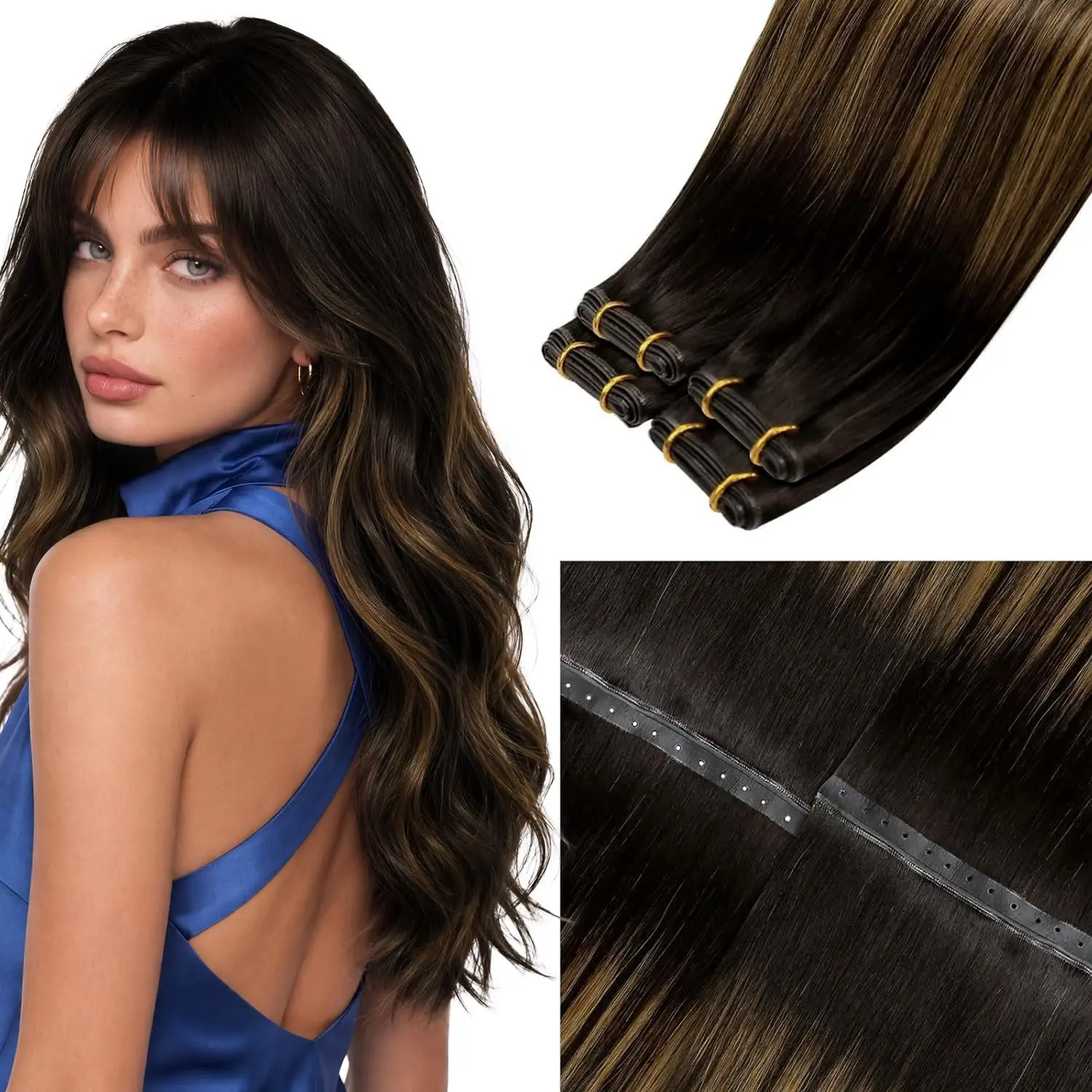LaaVoo Butterfly Weft Glueless Human Hair Pieces - Double Weft Hair Weave Extensions, Invisible Hole Design, OVO Style, Invisible Extension Hairpiece, 50G & 100G Options