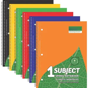 Subject Book Spiral Notebook Pack of 6 Wide Ruled 140 Pages (70 Sheets) 8" x 10.5" Perforated Carbon Neutral 3-Hole Punched  School & Office  Assorted Colors