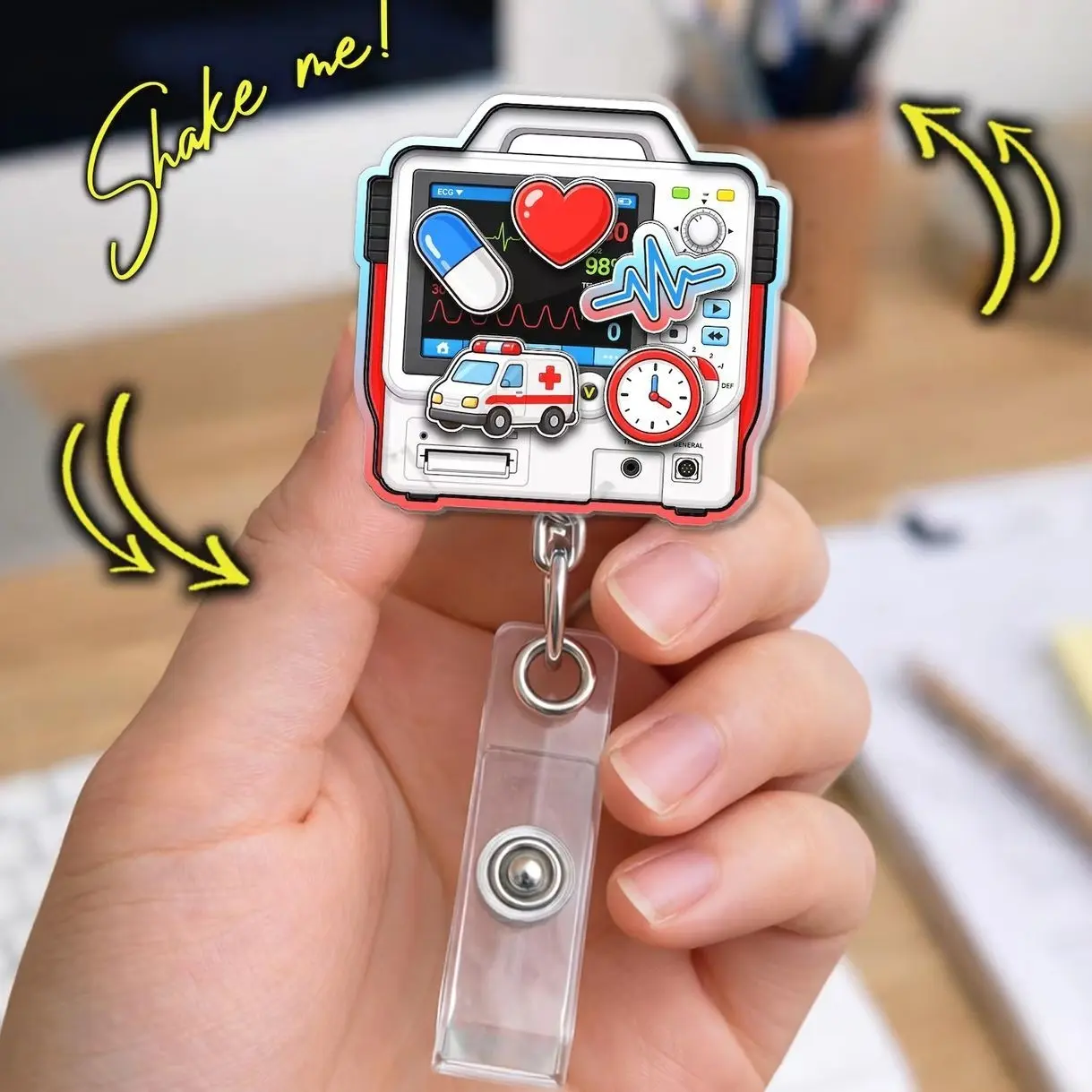 Defibrillator Shaker Badge Reel, Heart Monitor Nurse ID Holder, Funny EMT Medical Tech Badge Clip Gift BFS