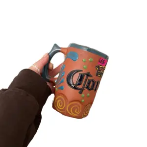 Terracotta Colorful Mexican Ceramic Jarrito Coffee Mug - Reusable Clay Design, Ideal for Coffee Drinking - Reuse, Drinkware, Washable Traditional Ceramic, Handmade & Decorated, Lead Free, Keeps Hot/Warm, 12oz Capacity - Tumbler Mexican Cup