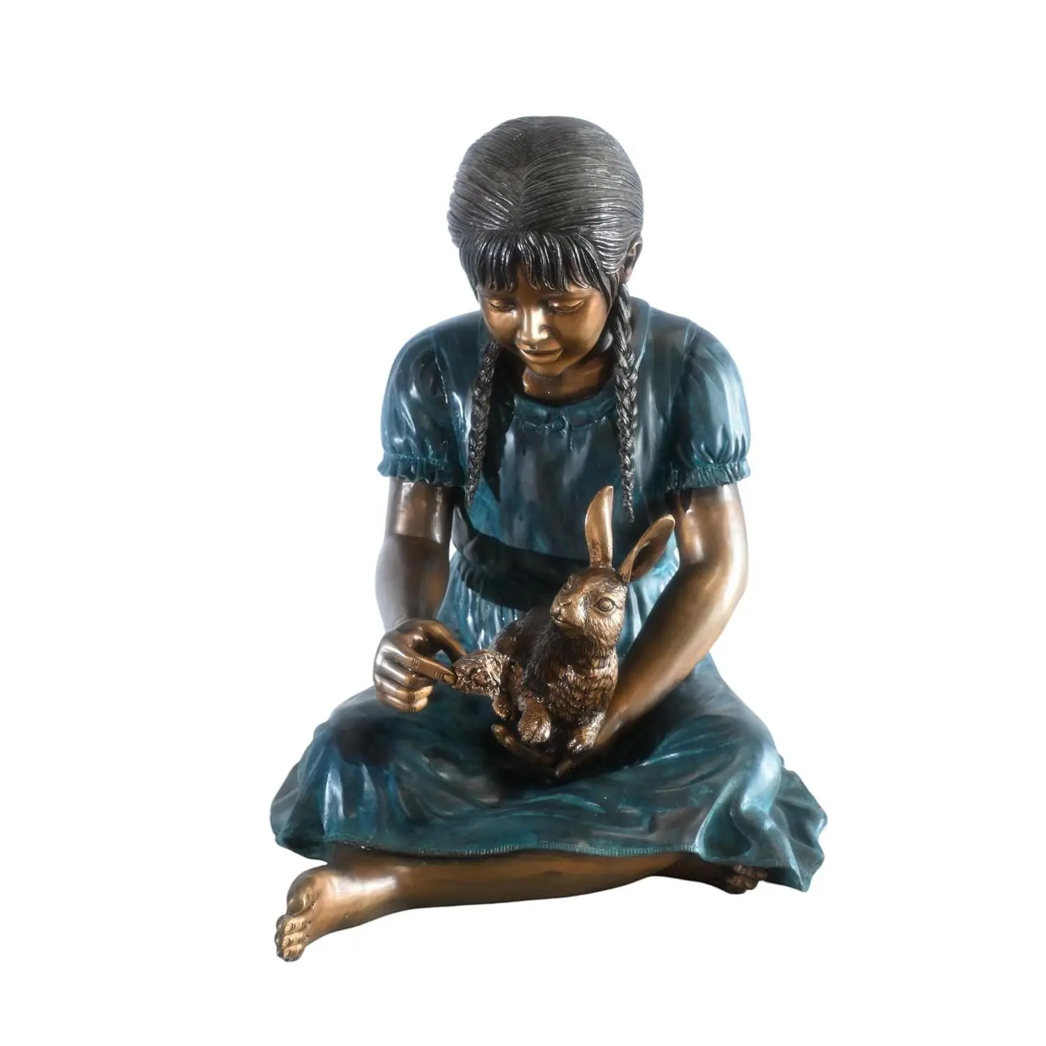 Bronze Braided Girl Feeding Rabbit Traditional Sculpture with Blue Patina, Garden Decor, Room Decor Ornaments, 24"x20"x24"H