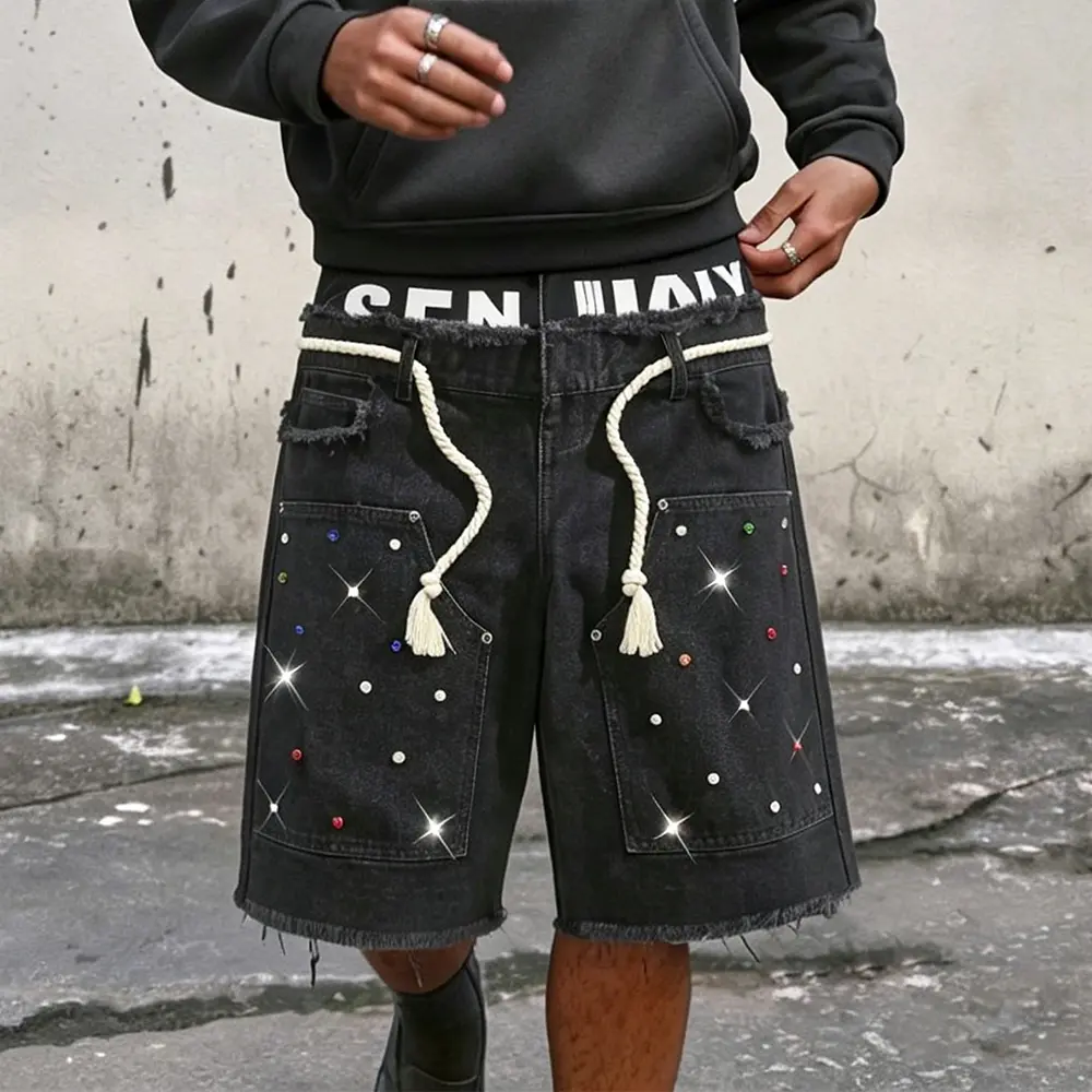 Black Raw Fray Multi Color Rhinestone Rope Drawstring Cargo Denim JortsY2K Hip Hop Unique Sparkly Distressed Staple