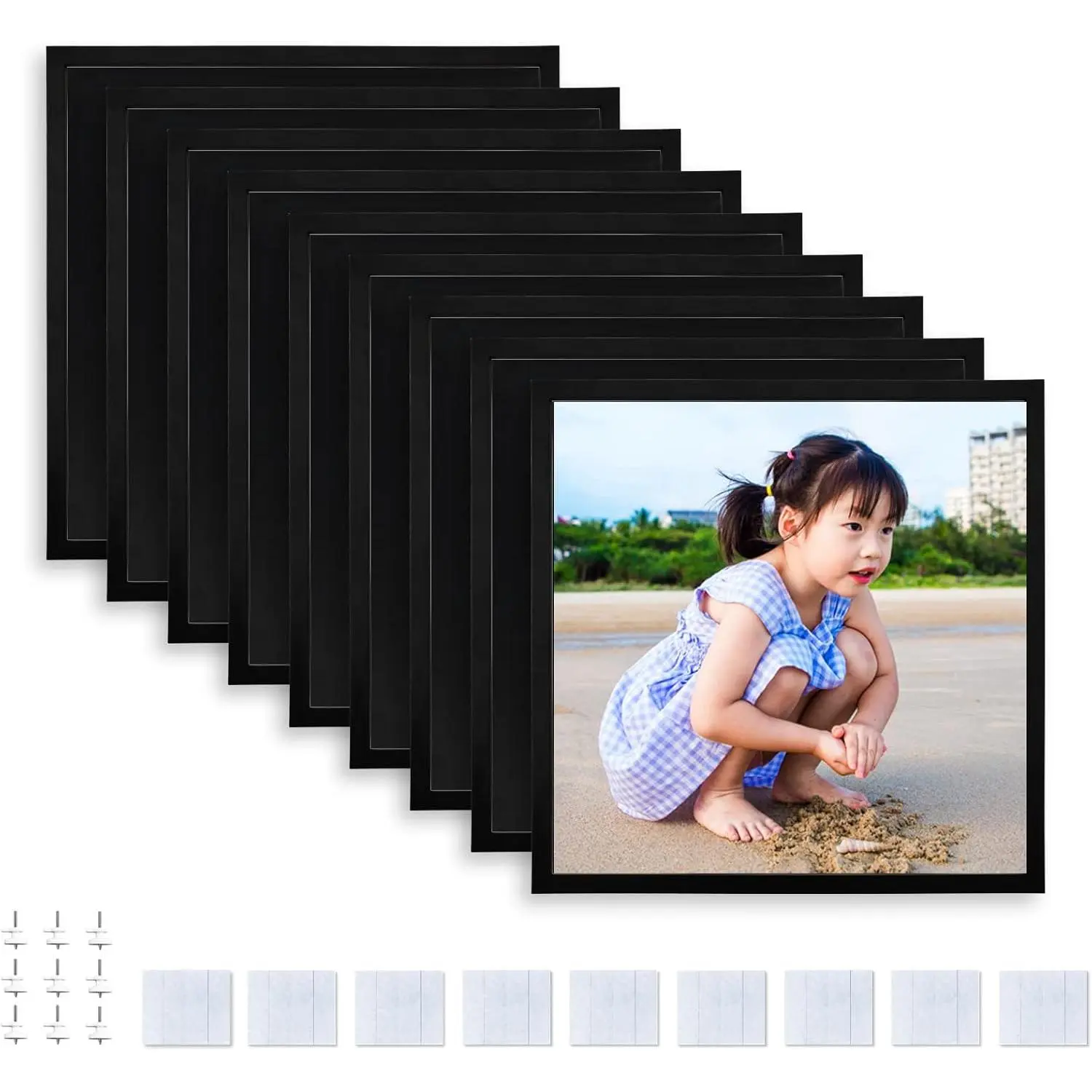 8x8 Picture Tiles | Mix Tiles Picture Frames Stick on Wall | Photo Tiles Peel and Stick Picture Frames as Gallery Wall Frame Set (Black - 9 count)