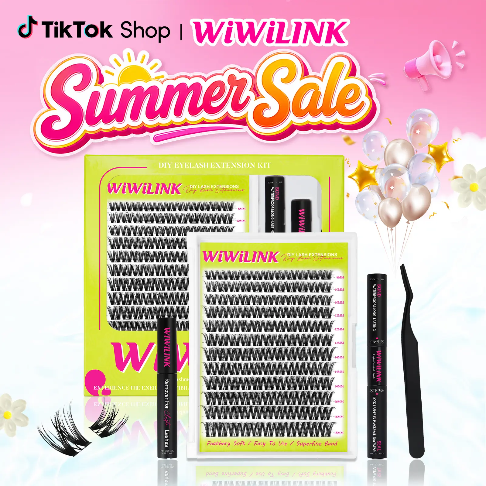 WiWiLINK Muse Universal Lashes, Cluster Lashes C D Curl, DIY Lash Extension Kit and Lash Clusters, 8-14mm with Bond, Seal, and Remover - Ultra-Thin Transparent Bands