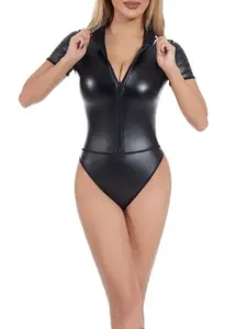 European and American New High Quality PU Leather Fitted Bodysuit Leather Sexy Tights Front Zipper Short Sleeve Triangle Plus Size Set Womenswear
