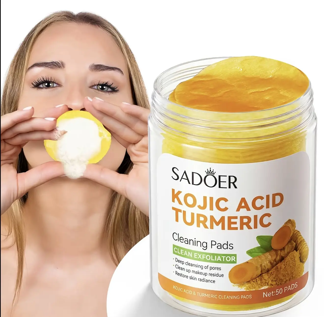 SADOER Organic Turmeric & Kojic Acid Cleansing Pads, 50-Count Makeup Remover for Dark Spots - Exfoliate, Moisturizing, Gentle for Sensitive Skin, Safe for Kids, Suitable for Back Use