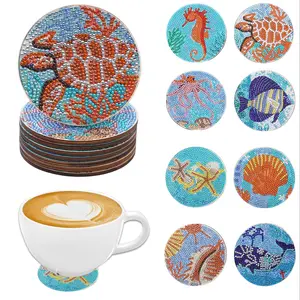 Marine Creature Pattern DIY Diamond Arts Colorful Painting Round Coaster, 8pcs/set DIY Wooden Coasters, Home Decoration, Adult Desk Accessories