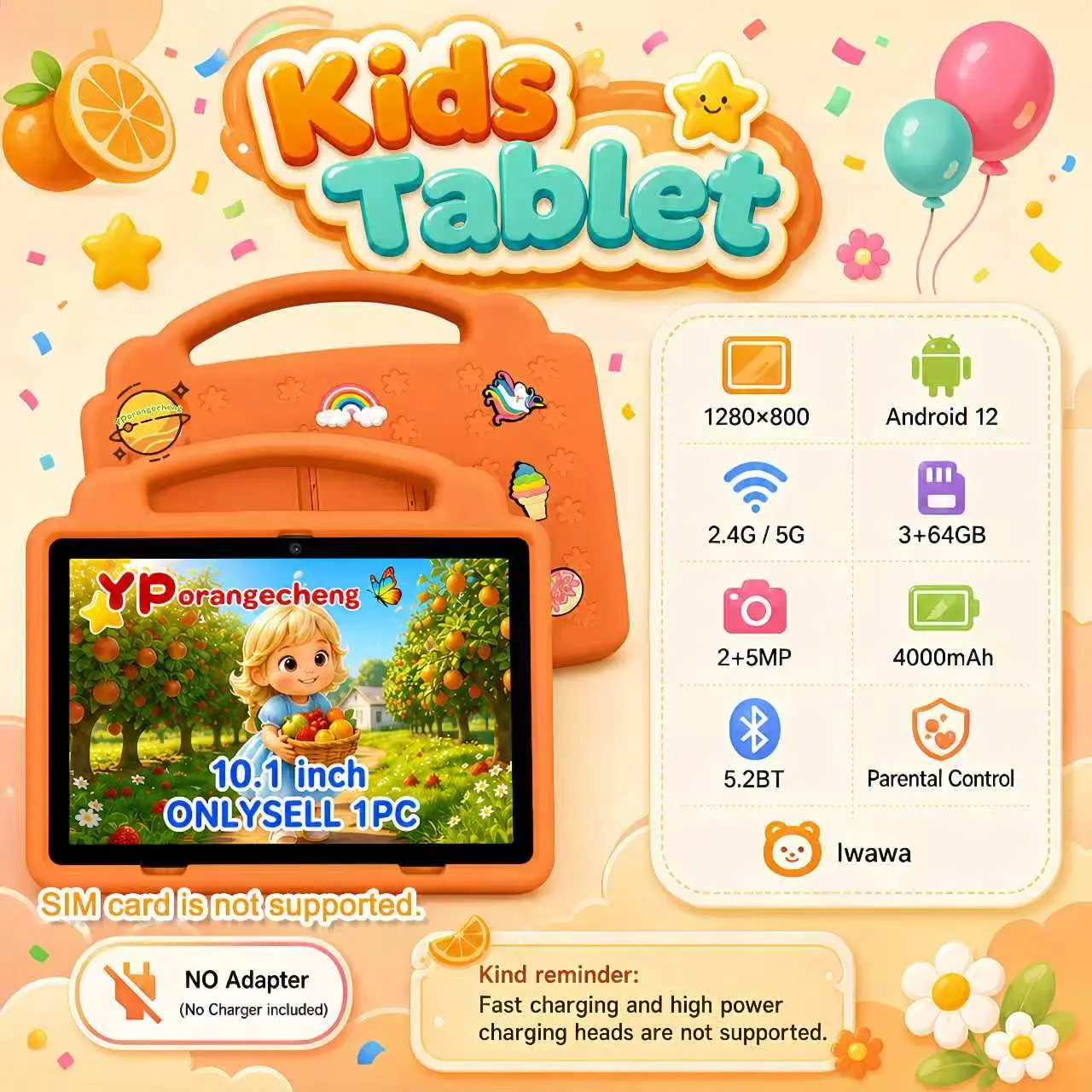 2026【tiktokshopstockup】Children's learning and entertainment tablet, 10.1-inch IPS touch screen Android 12, with shockproof, dual cameras, Bluetooth WiFi, eight core CPU, 3+64GB storage 4000mAh, parental control, Halloween and Christmas gifts, no adapter