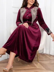 Elegant Velvet Embroidered Dress for Women, Spring & Fall Luxury Long Gown, Perfect for Various Occasions, High-End Middle Eastern Style