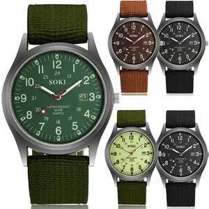 Men's Military Army Luminous 24 Hours Dial Nylon Strap Date Quartz Wrist Watch (1 Count)
