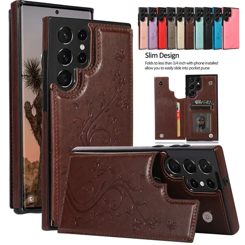 HISTORYOO For Samsung Galaxy S26 Ultra S25 S24 Plus S23 FE S22 Case Soft PU Leather Retro Embossed Butterfly Flower Shockproof Wallet Double Magnetic Clasp Protective Flip Fold Stand 3 Card Slots Pocket Women Soft Folio Cover Mom