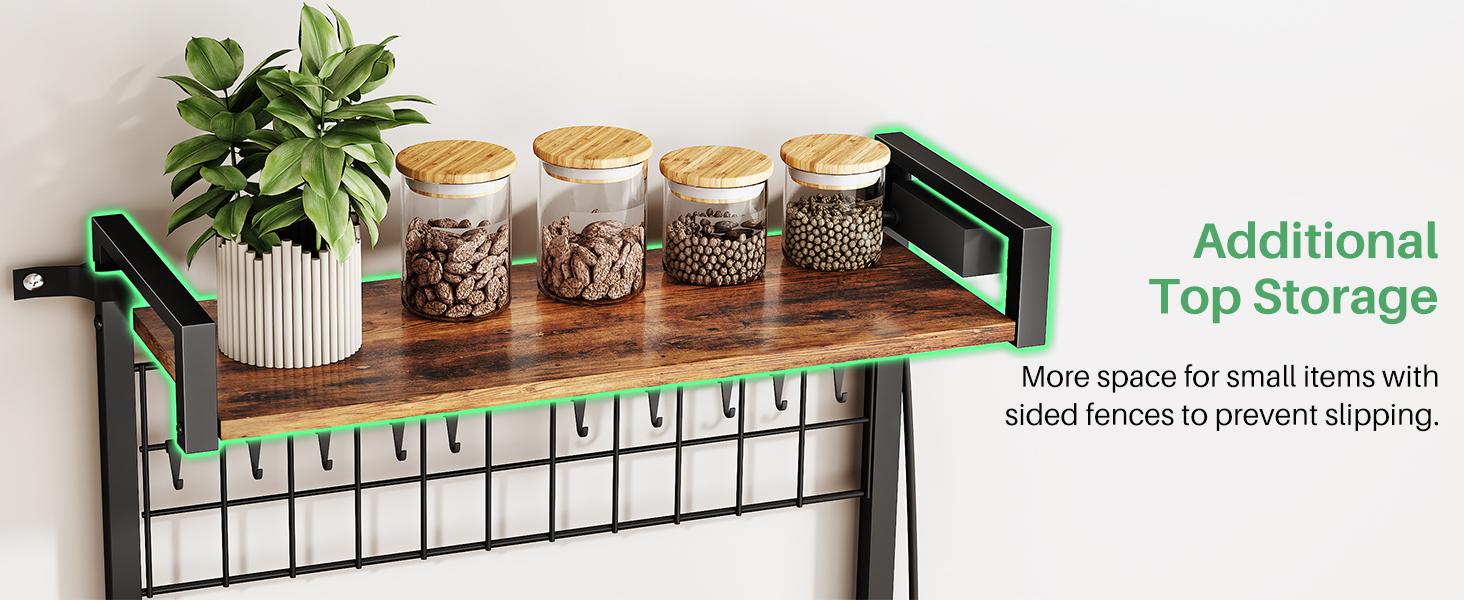 SNTD Bakers Rack with Power Outlet, Kitchen Shelves Microwave Stand with Wire Grid and 10 Hooks, 4 Tiers Coffee Stand