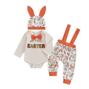 Canrulo Easter Newborn Baby Boy 3PCS Clothes Set Infant Long Sleeve Romper Bunny Suspender Pants Overalls Outfits