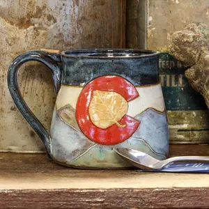 Colorado Handmade Pottery Mug , Aspen Leaf Ceramic Mug , Stoneware Mountain Pottery Mug