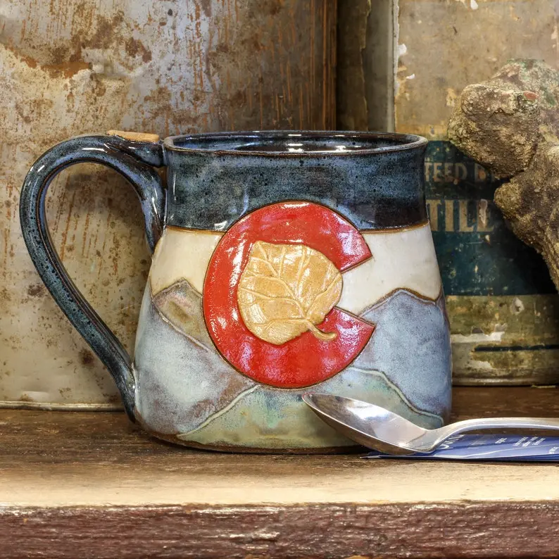 Colorado Handmade Pottery Mug , Aspen Leaf Ceramic Mug , Stoneware Mountain Pottery Mug