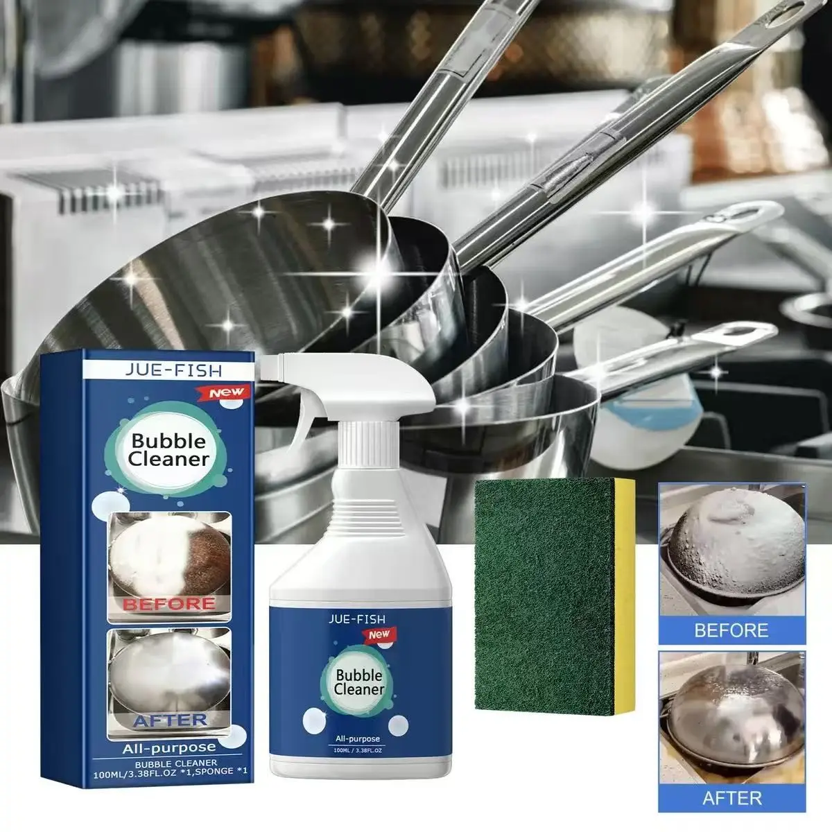 Jue-Fish Kitchen Grease Foam Cleaner, Effective Oil Stain Removal, Liquid Detergent for Cooktops, Household Cleaning Agent