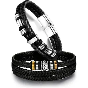 GAB 2Pcs Leather Bracelet Men's Leather Bracelet Personalised Mens Bracelet Men's Bracelet Personalised Daddy Gifts, Dad Bracelet, Father's Day Gift, Leather Engraved Bracelet, Bracelets Set Daily